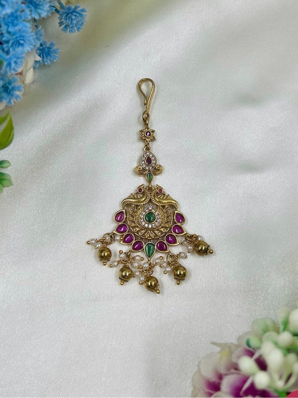 Gold-Tone Pink & Green Pendant Maang Tikka - Women Jewelry